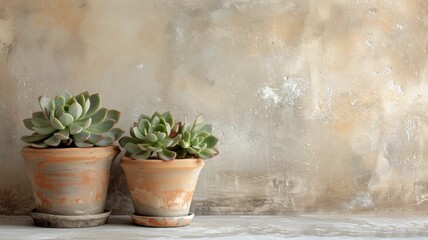 Fototapeta na wymiar Two unpretentious clay pots, showcasing a few seasonal succulents, are placed against a plain, textured wall, effortlessly blending indoor warmth with the essence of autumn