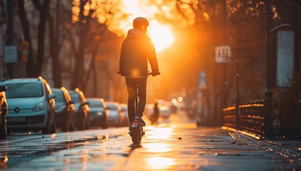 Tuinposter As the sun sets on the bustling city streets, a person effortlessly glides on their land vehicle, weaving between cars and bikes on the sidewalk with the grace of a bicycle wheel © Vladan