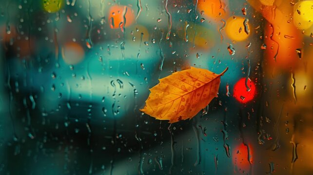 Raindrops dance on the window, a lone leaf clings, outside a kaleidoscope of autumn