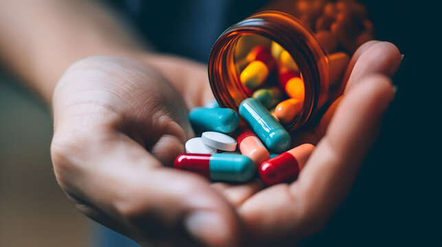Close up of hand a person taking medication for stress and anxiety. Patients with this disease must take large amounts of medicine every day.