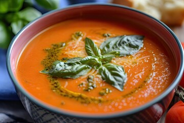 Tomato soup topped with cheese and pesto