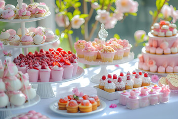 Dessert table with various sorts of snacks. Candy bar. Celebration concept. Generative AI