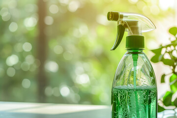 Green cleaning spray bottle with bubbles on sunny background. Spring cleaning concept. Generative AI