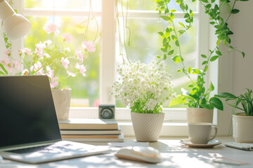 Interior of home office with desk, laptop, plants, book and spring decor in cozy home. Generative AI