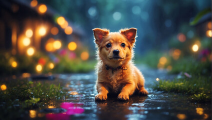 A cute dog in a fabulous night forest, close up