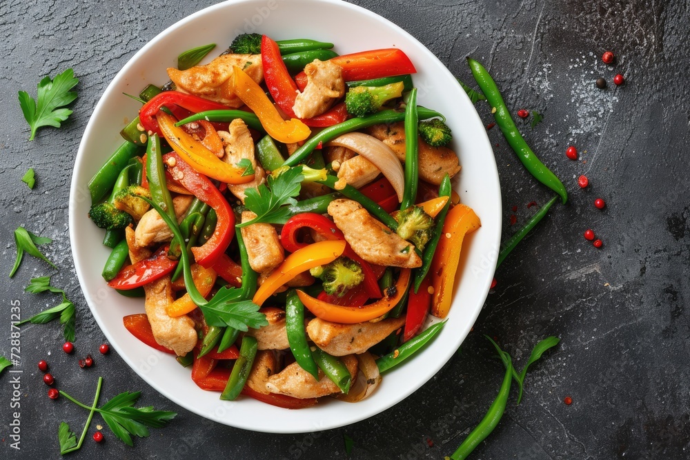 Sticker Top view of stir fried chicken with sweet peppers and green beans