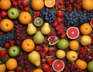 Mix of bright various fruits. view from above.