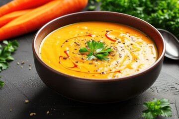 Top view of tomato soup in a black bowl on a grey stone background with copy space