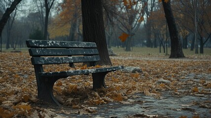 lone fallen leaf rests on a weathered park bench, painting a picture of solitude and autumnal stillness