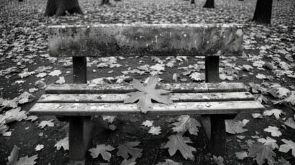 Autumn's embrace. A single fallen leaf adorns a weathered bench in an empty park, evoking a sense of serene isolation
