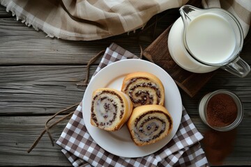 Top view of a wooden table with a white plate holding slices of swiss roll a jug of milk and a transparent cup of cocoa with milk all placed on a checkered napki