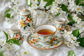 Obraz na płótnie Canvas Tea set with floral dishware and flowers. Generative AI