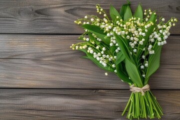 Top view of a lily of the valley bouquet on wooden background text space available