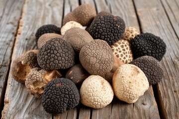 Truffle assortment on wooden backdrop mixed colors