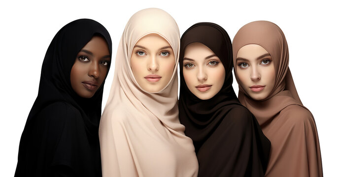 Group of women wearing different colored hijabs, symbolizing unity among various cultures and ethnicities, cut out