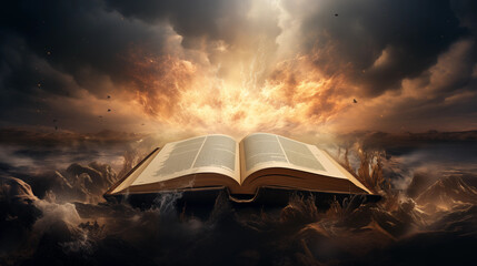 Bible on an epic background with storm and lightings