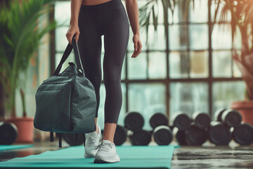 Cropped shot of fit sporty woman in sportswear with gym bag wearing toned yoga pants and sneakers getting ready for exercise session at gym - obrazy, fototapety, plakaty