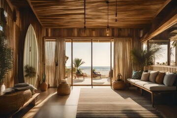 A beach house entry featuring a surfboard rack, sandy-toned decor, and a large statement mirror reflecting sunligh