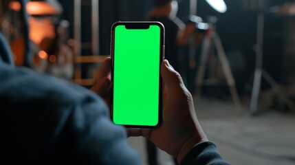 Person using technology with a green screen