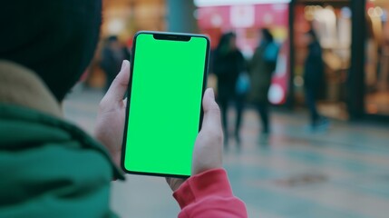 Person using technology with a green screen