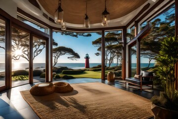 Fototapeta premium The welcoming entrance of a coastal estate with panoramic views, seagrass rugs, and a statement-making lighthouse sculpture