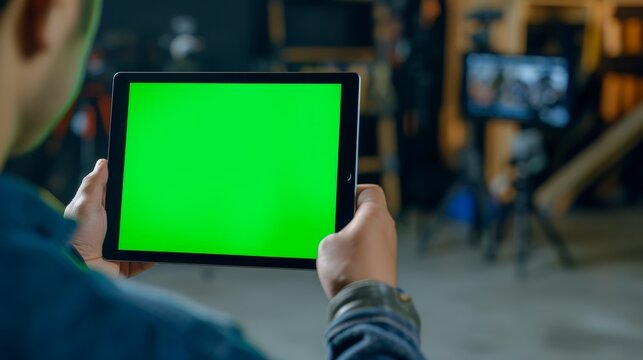 Person using technology with a green screen