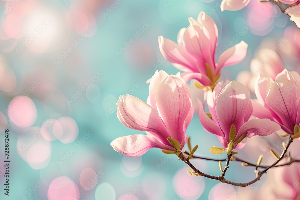 Wall mural Wide composition of spring magnolia blooming against pastel blue sky and pink background