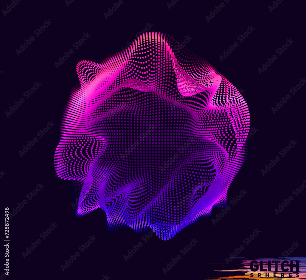 Poster corrupted violet point sphere. abstract vector colorful mesh on dark background. futuristic style ca