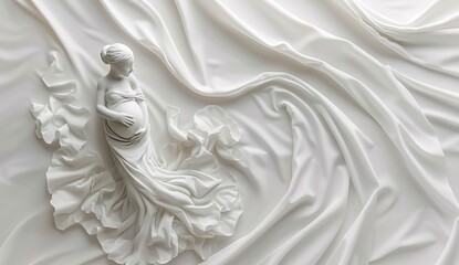 A delicate ivory statue of a pregnant woman draped in flowing fabric evokes the beauty and vulnerability of motherhood through the medium of art - obrazy, fototapety, plakaty