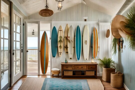 A beach cottage foyer with a whimsical surfboard rack, beadboard paneling, and a vintage beach cruiser as decor