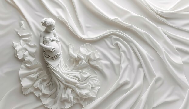 Naklejki A delicate ivory statue of a pregnant woman draped in flowing fabric evokes the beauty and vulnerability of motherhood through the medium of art