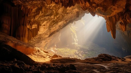 majestic cave with a ray of sun entering from above