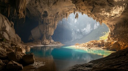 majestic cave with a small lake in the background and a ray of sun entering from above with good lighting
