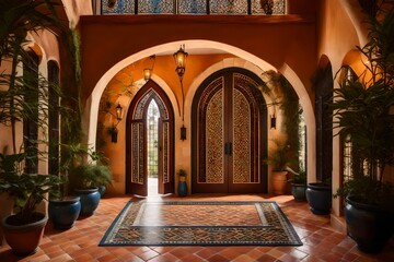 A Mediterranean-inspired entrance featuring arched doorways, mosaic tile flooring, and a terra cotta color palette