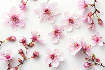 White background with isolated almond flowers in different forms pink blossom in spring tender flowers with space for text minimalist composition f