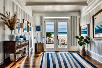 The entrance hall of a Hamptons-style home featuring a striped rug, white wainscoting, and a collection of beach-themed artwork