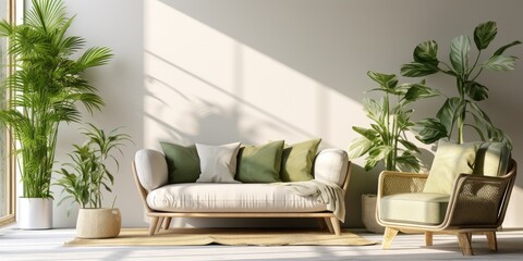 Light living room with green houseplants and furniture