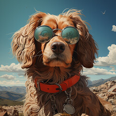 portrait painting of a spaniel dog wearing glasses
