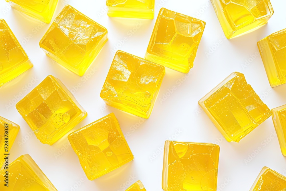 Poster yellow gelatin cubes against a white backdrop