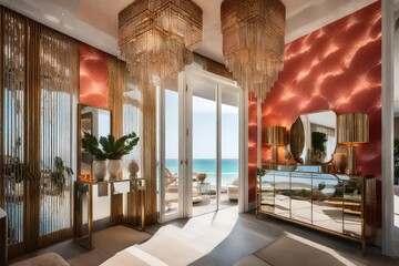 A beachfront penthouse entrance adorned with coral-inspired wallpaper, a mirrored console table, and beachcomber finds - obrazy, fototapety, plakaty