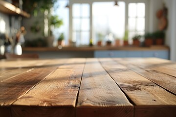 Wooden table with blurred kitchen bench interior image
