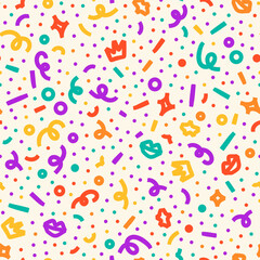 Confetti seamless pattern. Geometric background with different geometric shapes. Memphis seamless confetti pattern. Bright and colorful, 90s style. Vector background.