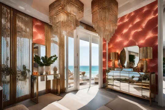 A beachfront penthouse entrance adorned with coral-inspired wallpaper, a mirrored console table, and beachcomber finds