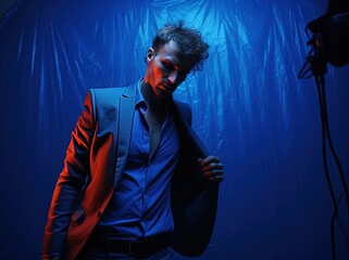 A male fashion model with a shirt and jacket against a blue background