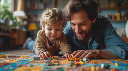 In a cozy home interior, devoted dad plays with precious baby, creating loving family portrait