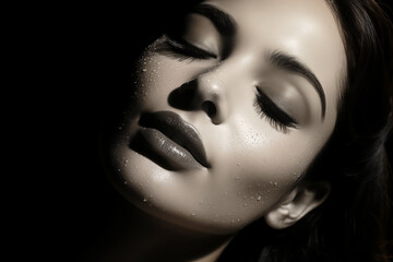 bold black and white portrait of a beautiful woman with closed eyes and waterdrops in the face - 728873427