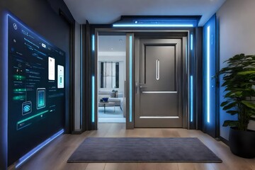 A smart home entrance with a biometric door access, a wall-mounted tablet for home controls, and an interactive digital art display