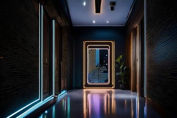 The entryway of a smart apartment with a voice-controlled personal assistant, interactive wall projections, and AI-driven ambient music
