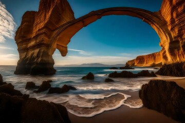 Capture the essence of seaside elegance as majestic arches frame the horizon, inviting the azure waves to gracefully enter a coastal sanctuary
