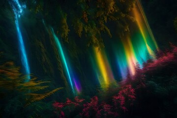 Illuminate a spectral dreamscape where iridescent flora and fauna dance in the radiant glow of a digital rainbow